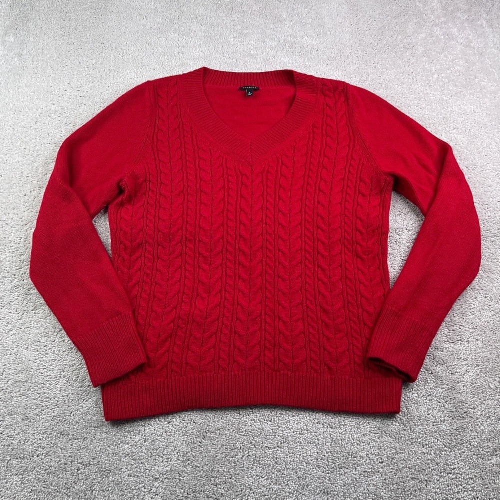 Talbots Sweater Women Large Red Cable Knit V Neck Lambswool Blend Preppy Classic